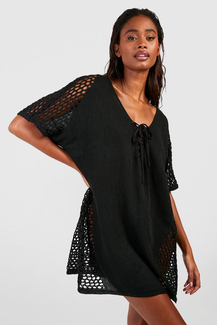 Black Recycled Crochet Tassel Beach Cover Up image number 1