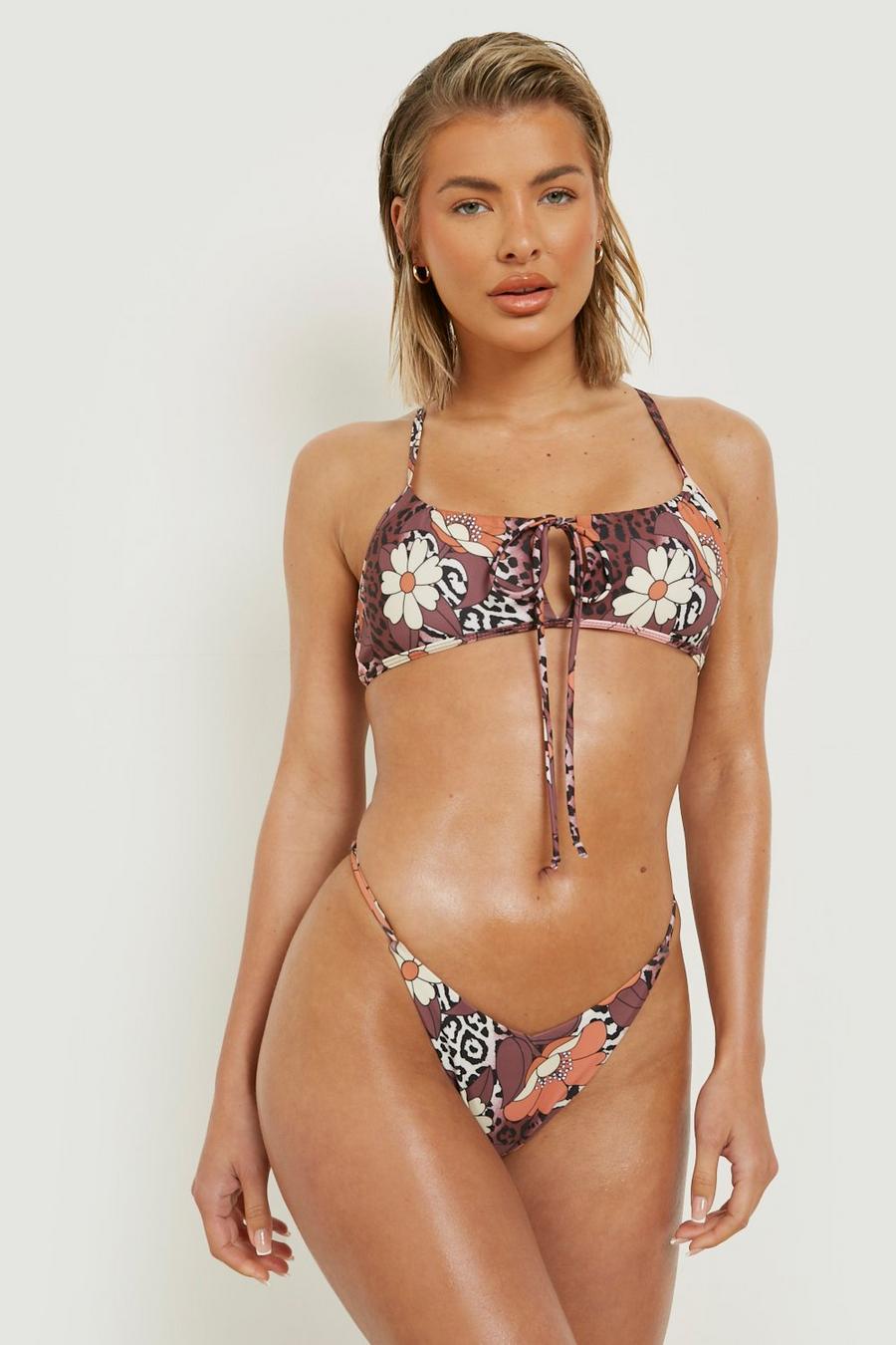 Floral Leopard Strappy Tie Bikini Top