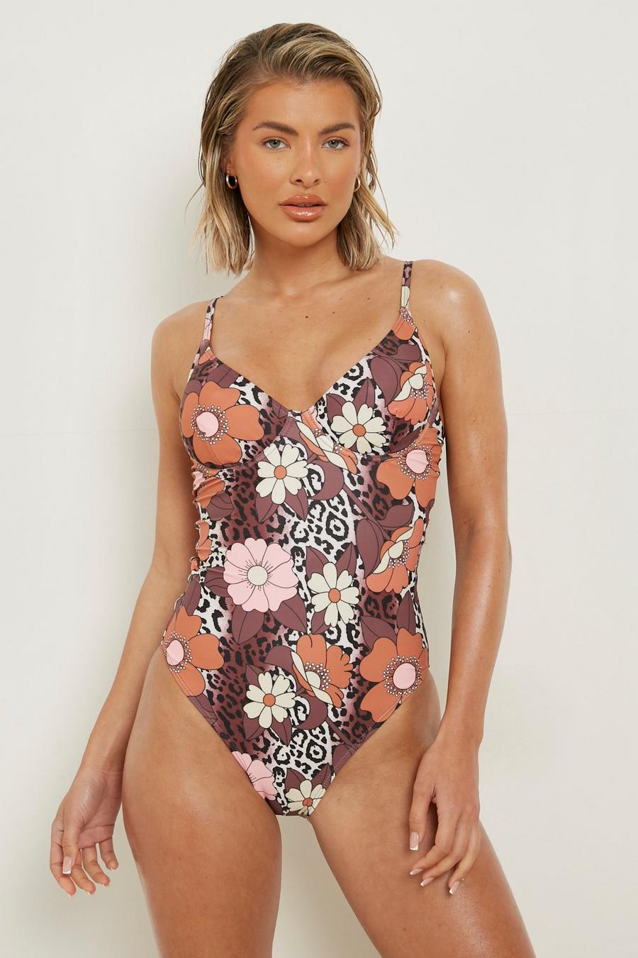 Floral Leopard Underwired Strappy Swimsuit