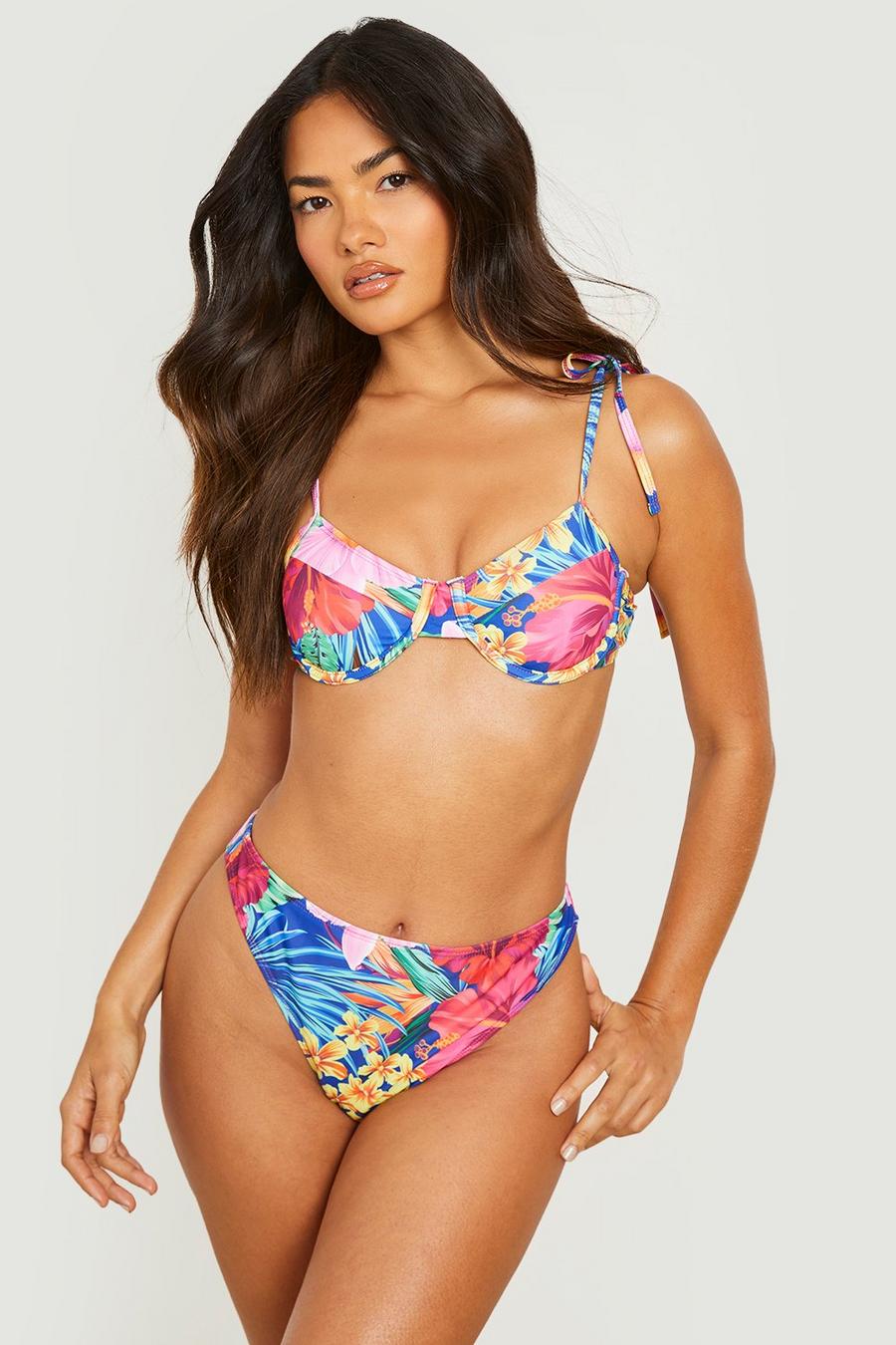 Tropical Bikinihose mit hohem Bund und hohem Beinausschnitt, Blue image number 1