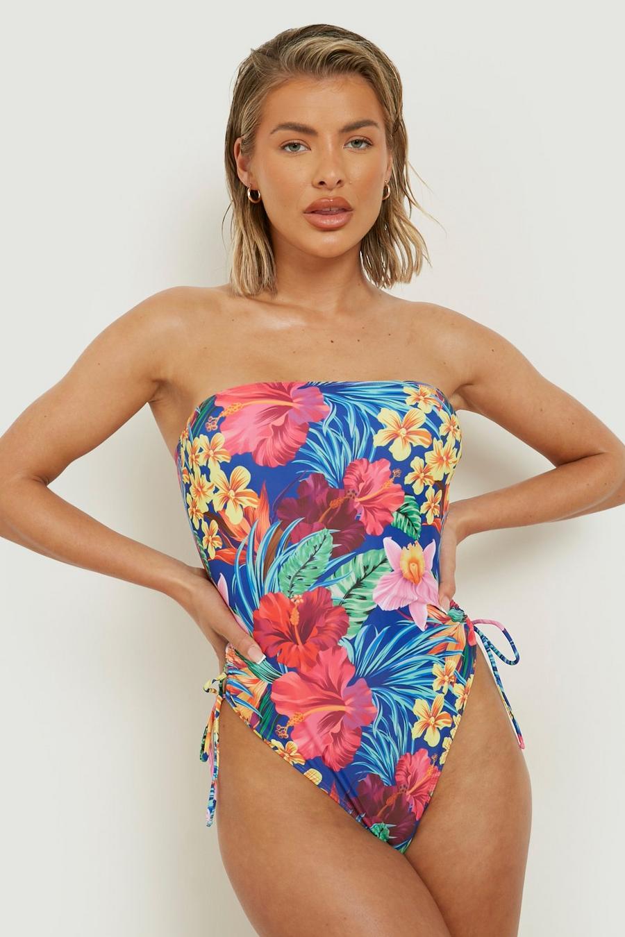 Blue Tropical Ruched Cut Out Bandeau Swimsuit image number 1