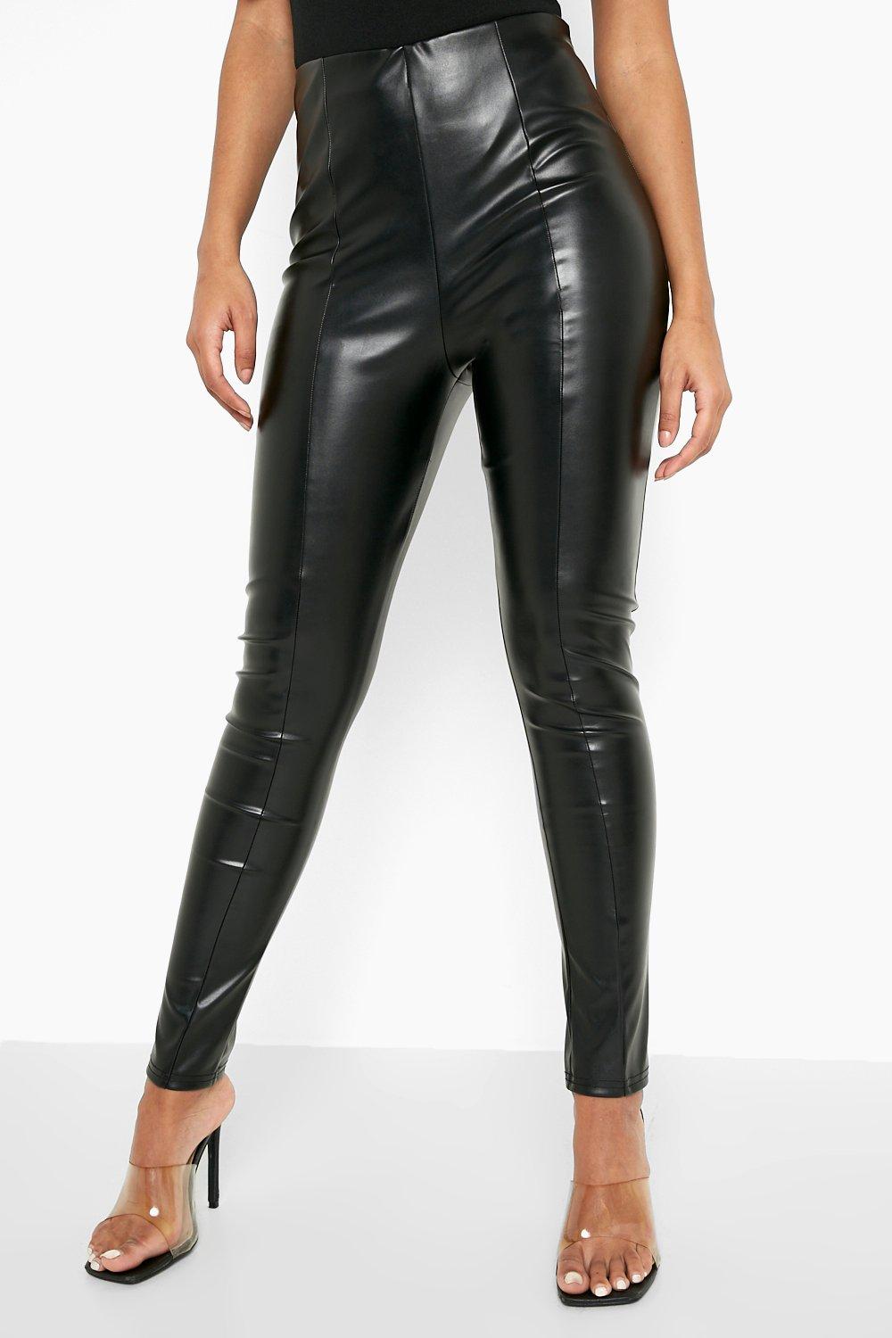 Black Seam Detail High Waist PU Leggings