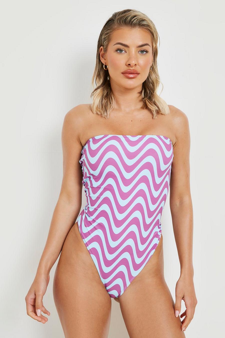Purple Wavy Print Bandeau Strap Swimsuit