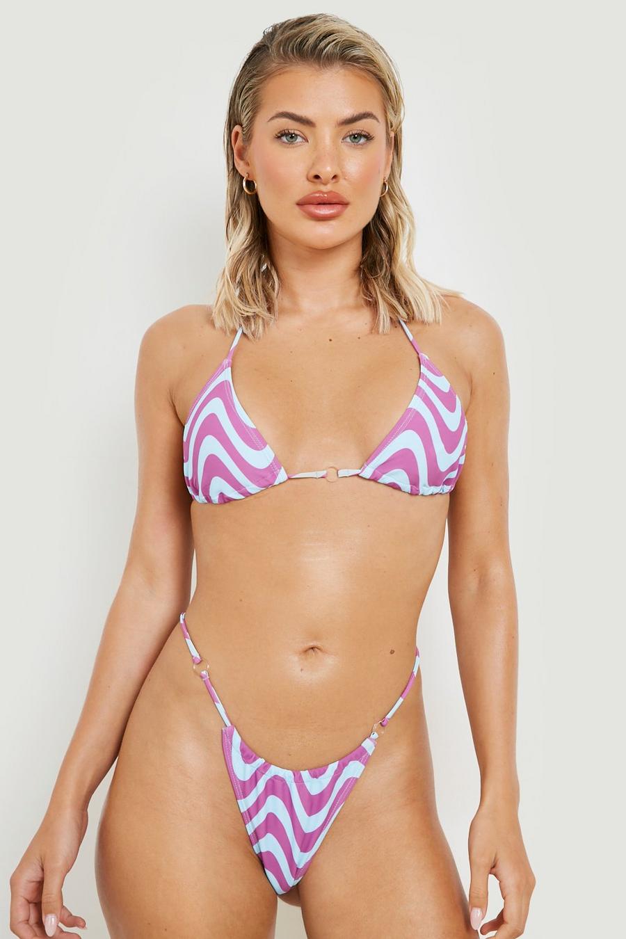 Top bikini a triangolo con stampa di motivi a onde e anello, Purple viola