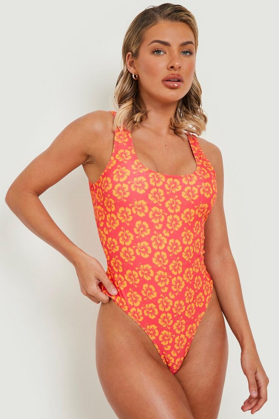 Bañador con escote en U y estampado de flores tropicales, Tropical orange image number 1