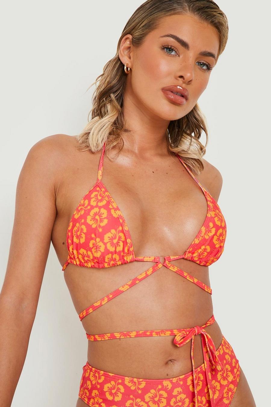 Tropical orange Blommig bikinitopp med knytdetalj image number 1