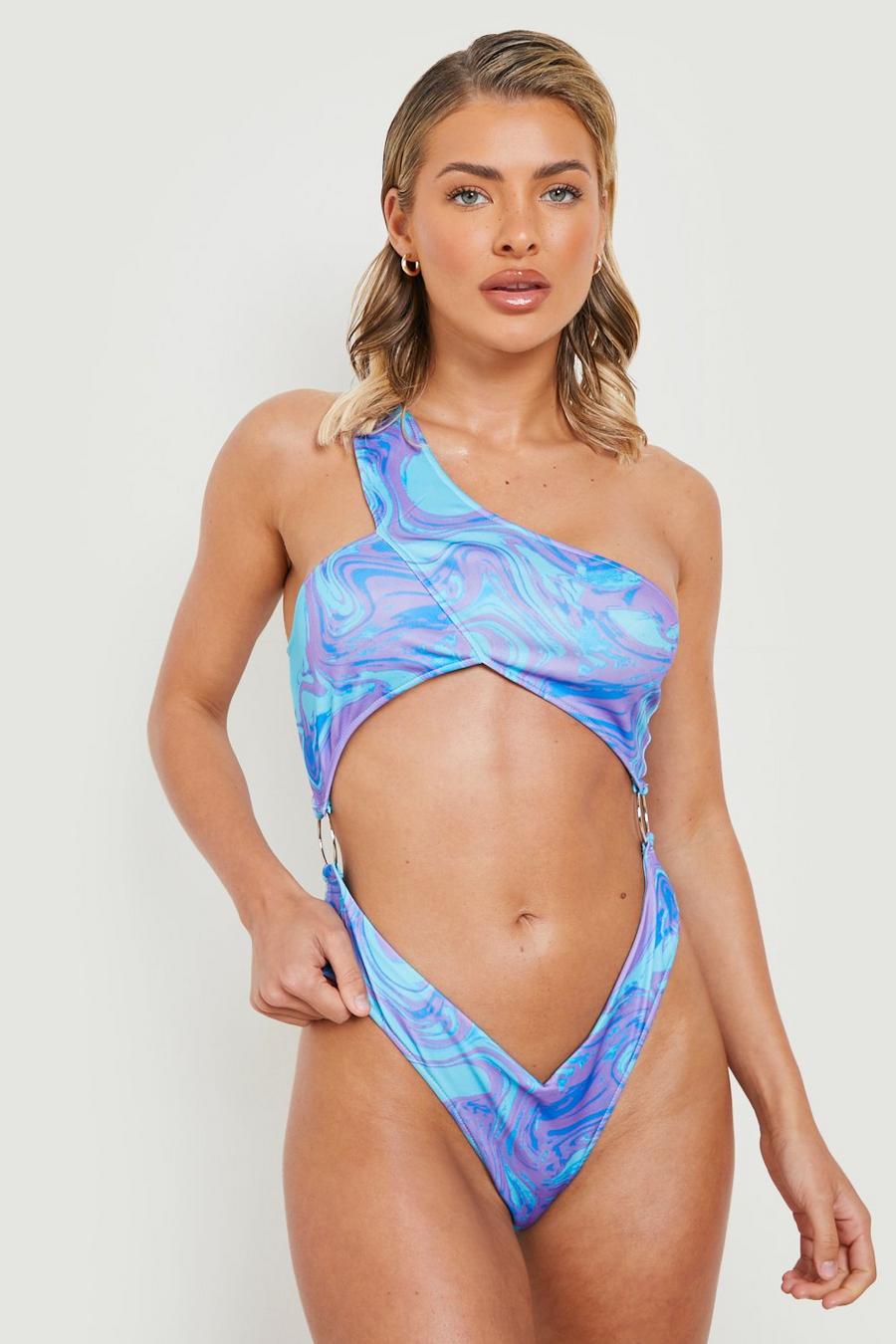 Turquoise Marble O-ring Asymmetric Swimsuit image number 1
