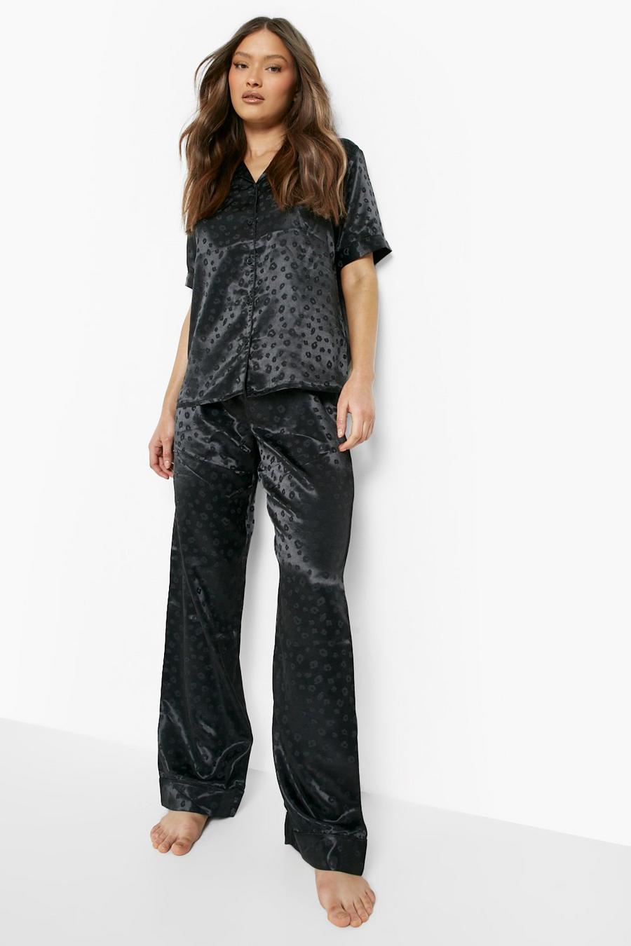 Jacquard Satin Pyjama-Set mit Leopardenprint, Black noir