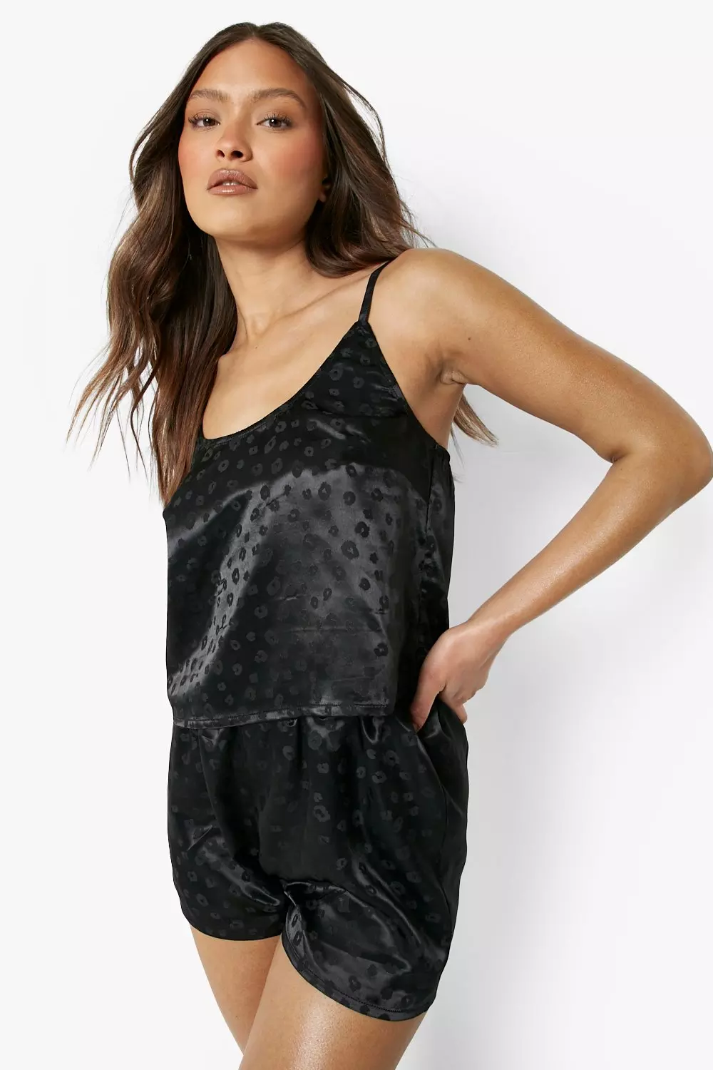 Black Jacquard Leopard Satin Cami And Short Set  alternative image