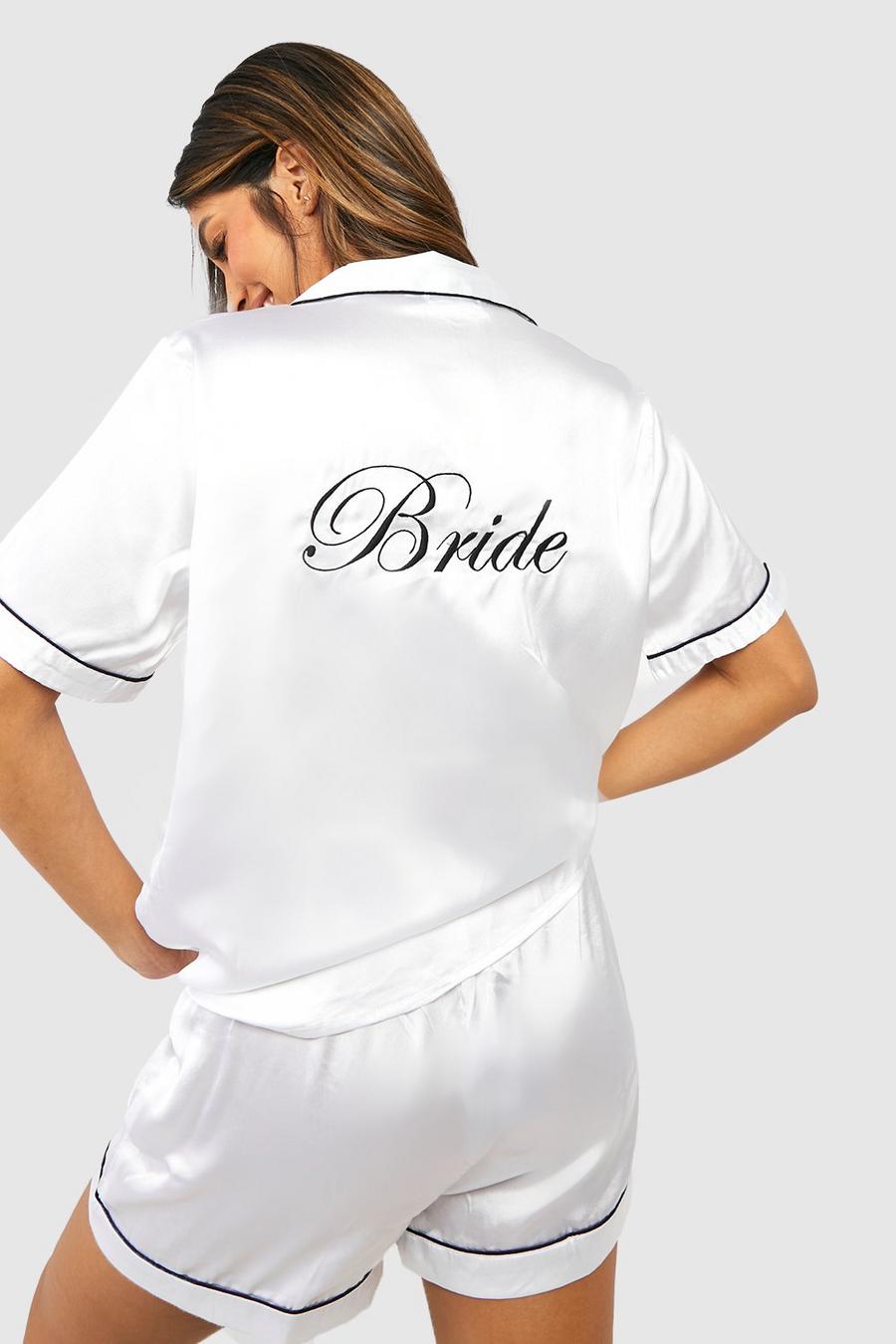 Set pigiama corto in raso con ricamo Bride, White blanco