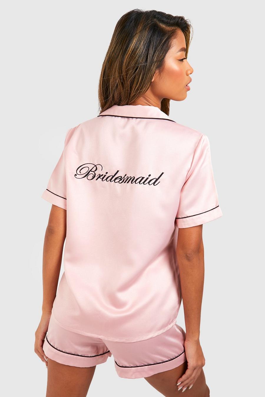 Pijama corto de raso con bordado Bridesmaid, Rose gold metálicos