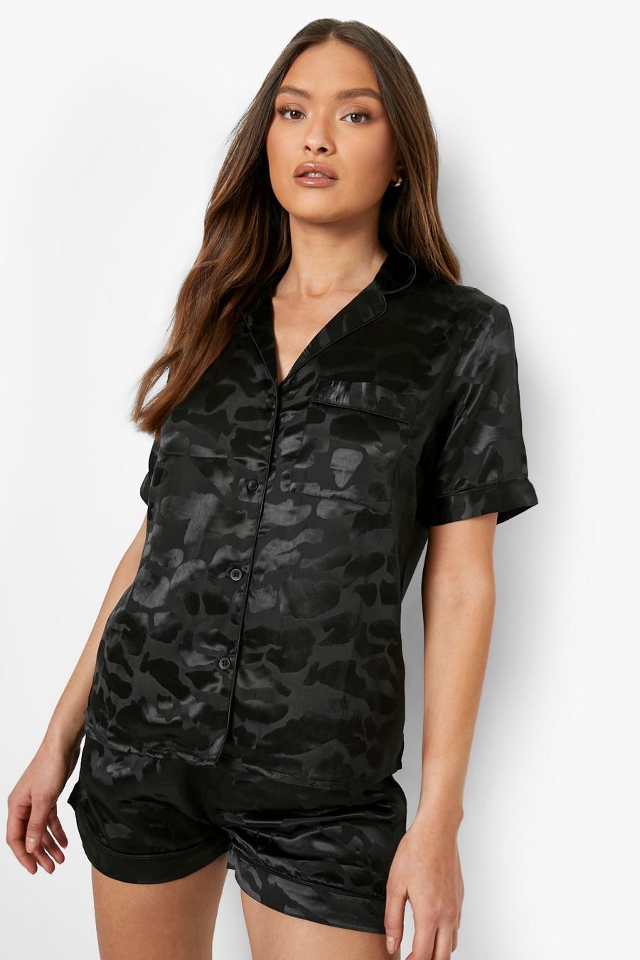Black schwarz Leopard Jacquard Satin Pj Shirt And Short Set