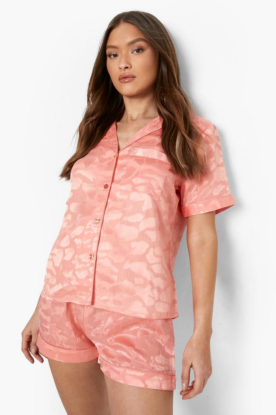 Coral pink Leopard Jacquard Satin Pj Shirt And Short Set
