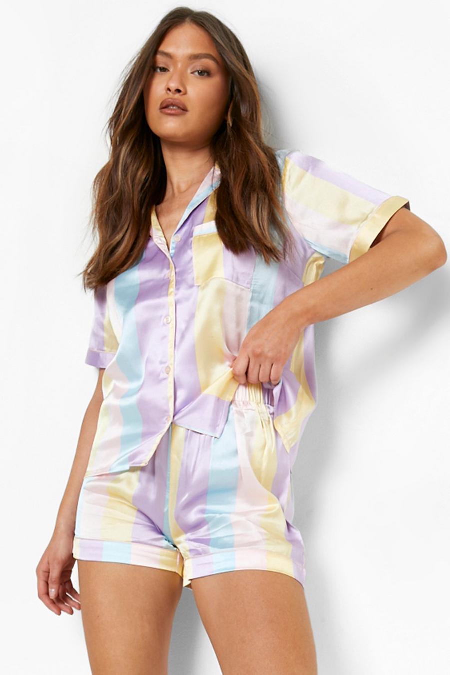 Pijama de pantalón corto y camisa de raso y rayas color pastel, Lilac image number 1
