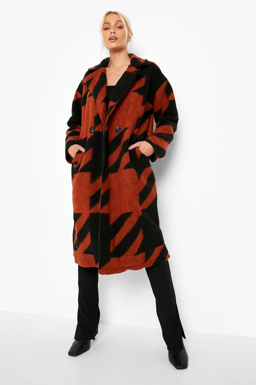 Rust Oversized Dogtooth Wool Look Coat image number 1