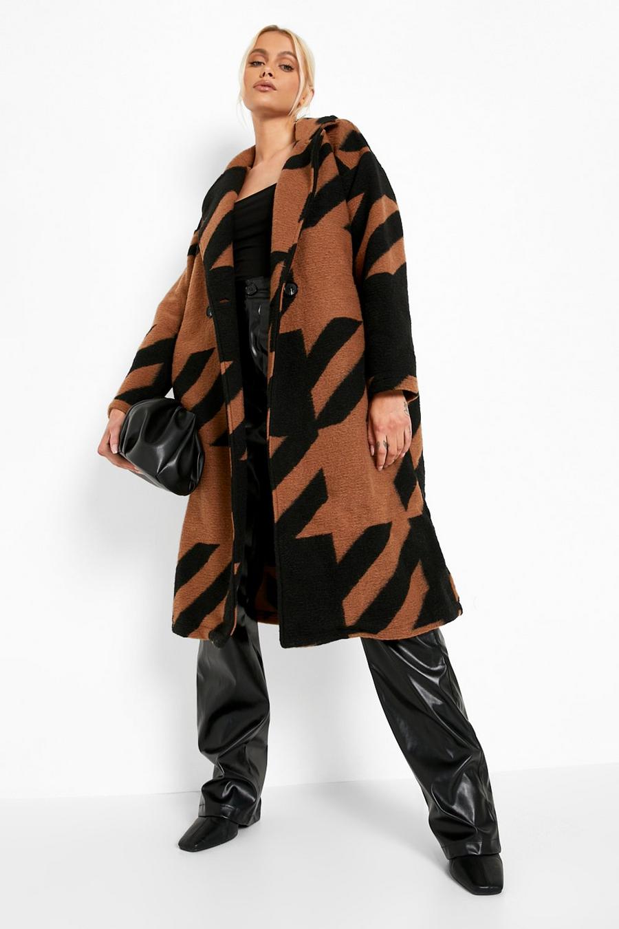 Tan Oversized Dogtooth Wool Look Coat image number 1