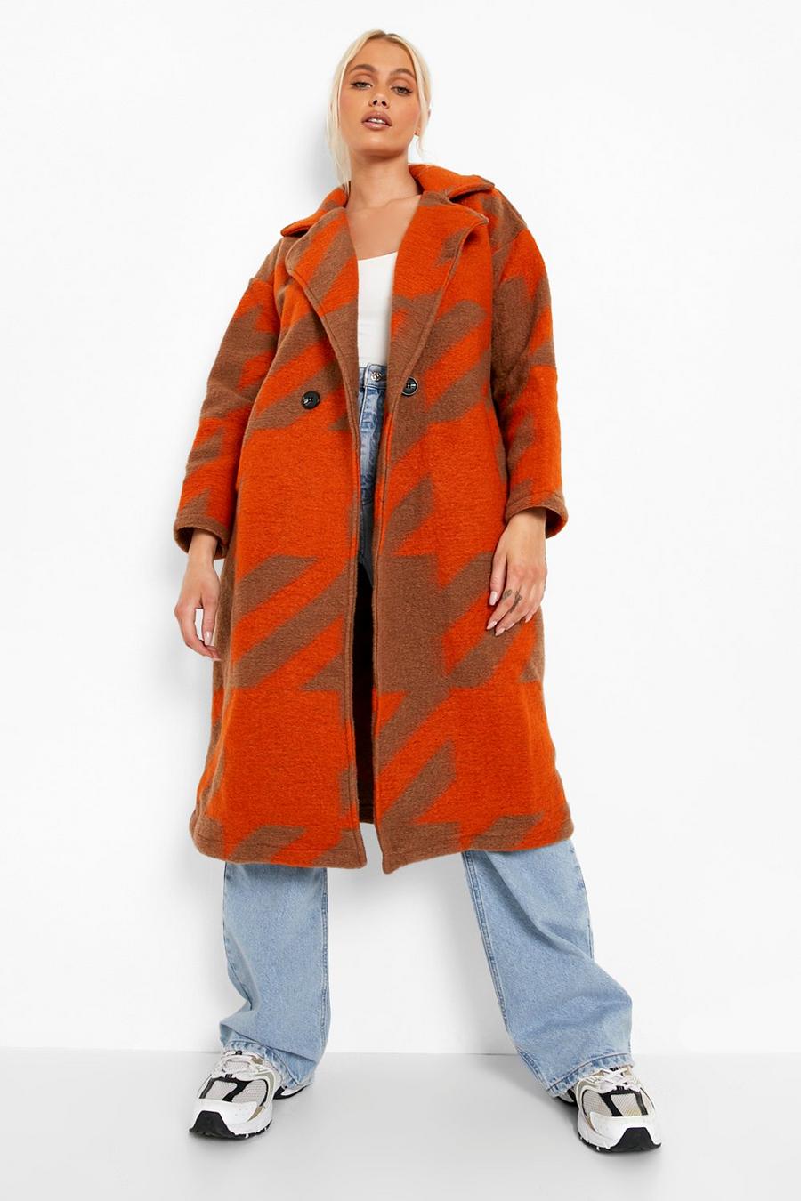 Orange Oversized Dogtooth Wool Look Coat image number 1