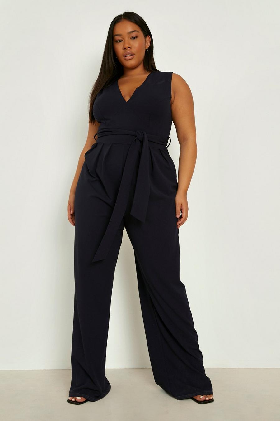 Navy Plus Pleated Bow Detail Wide Leg Jumpsuit  image number 1