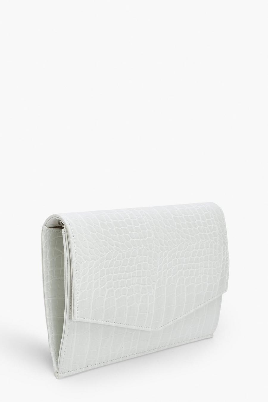 Bolso de mano mini estilo sobre con acabado de cocodrilo, White blanco