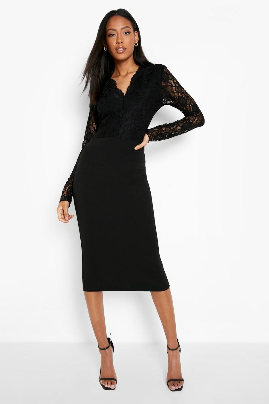 Black Tall Lace Long Sleeved Midi Dress image number 1