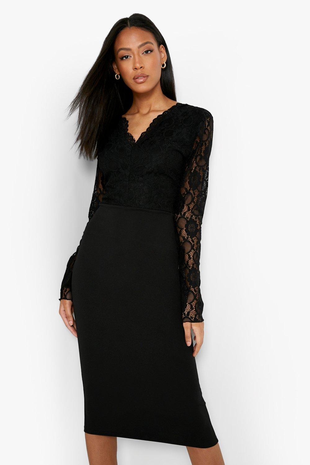 Long sleeve black outlet lace midi dress