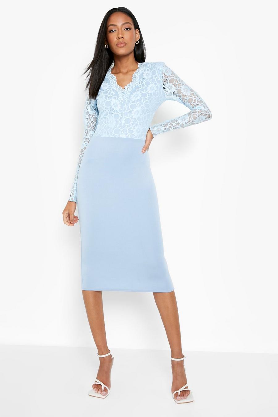 Pastel blue Tall Lace Long Sleeved Midi Dress image number 1