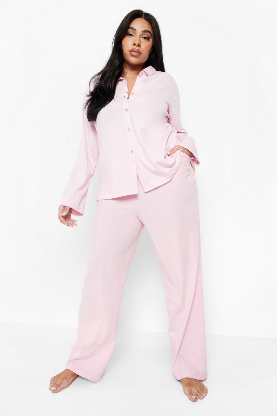 Blush pink Plus Oversized Button Down Shirt & Trousers Pyjama Set image number 1