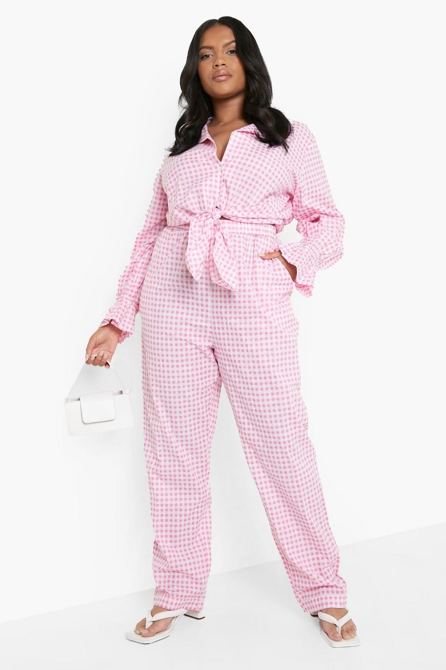 Set Plus Size in cotone a quadri - Camicia con laccetti & pantaloni, Pink image number 1