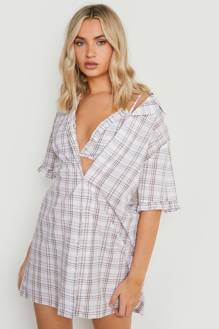 Camel Cotton Check Night Shirt And Bralet  image number 1