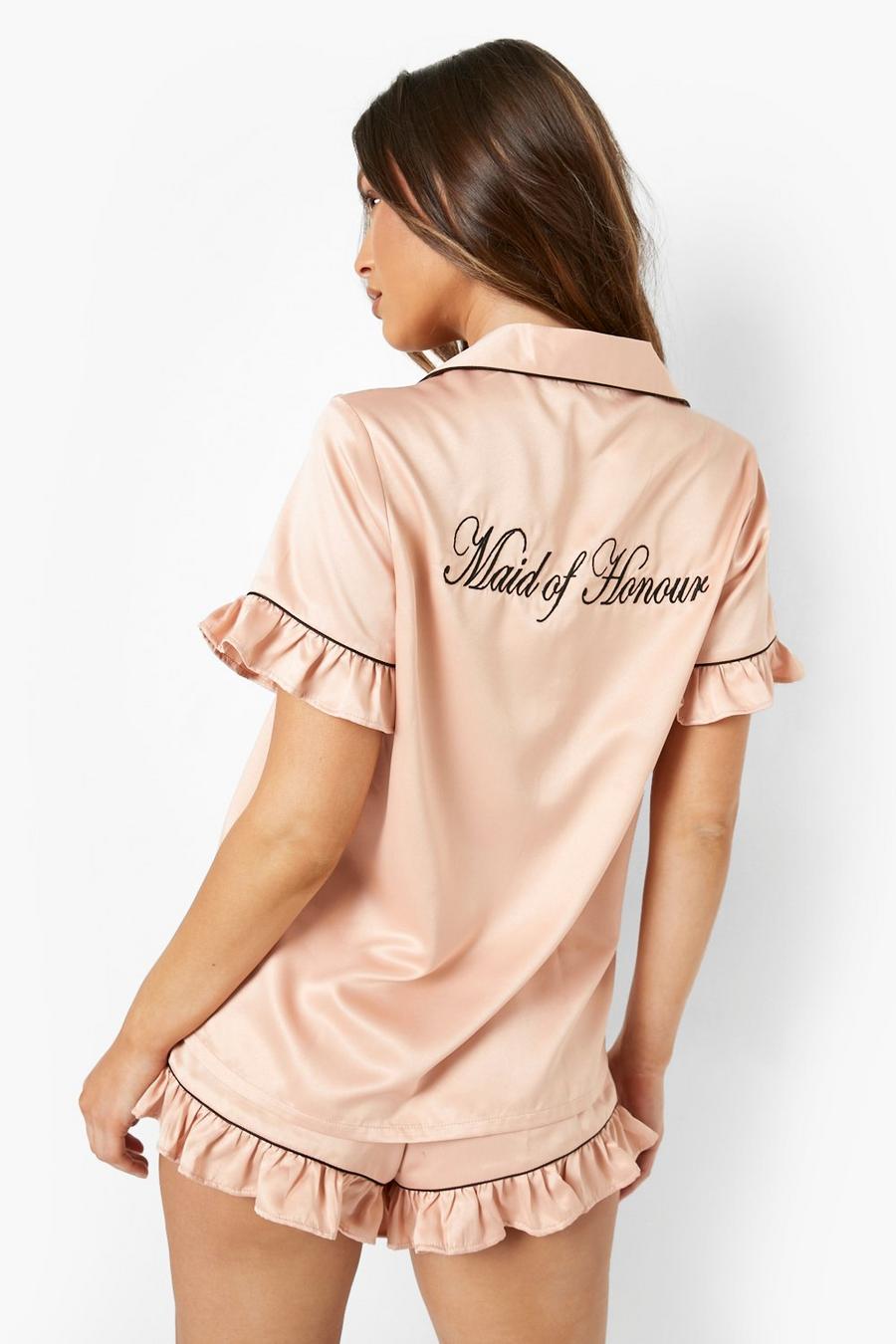 Premium RüschenPyjama Set mit Maid Of Honour Stickerei, Rose gold metallic