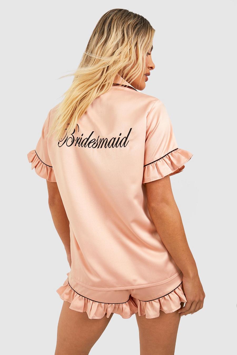 Pijama corto reciclado Premium con volante y bordado Bridesmaid, Rose gold metálicos