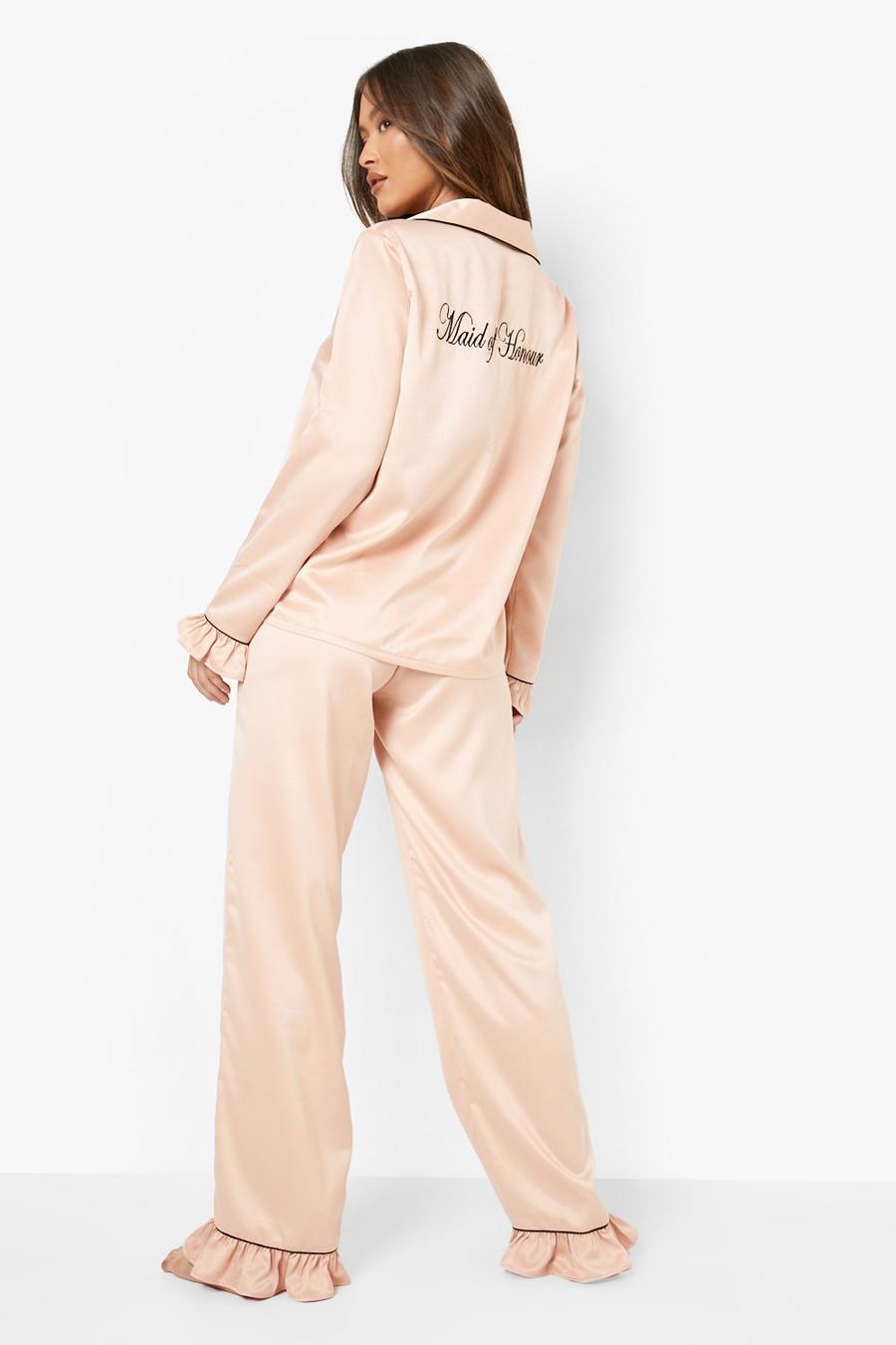 Pijama largo reciclado Premium de pantalón largo con volante y bordado Maid Of Honour, Rose gold metálicos image number 1