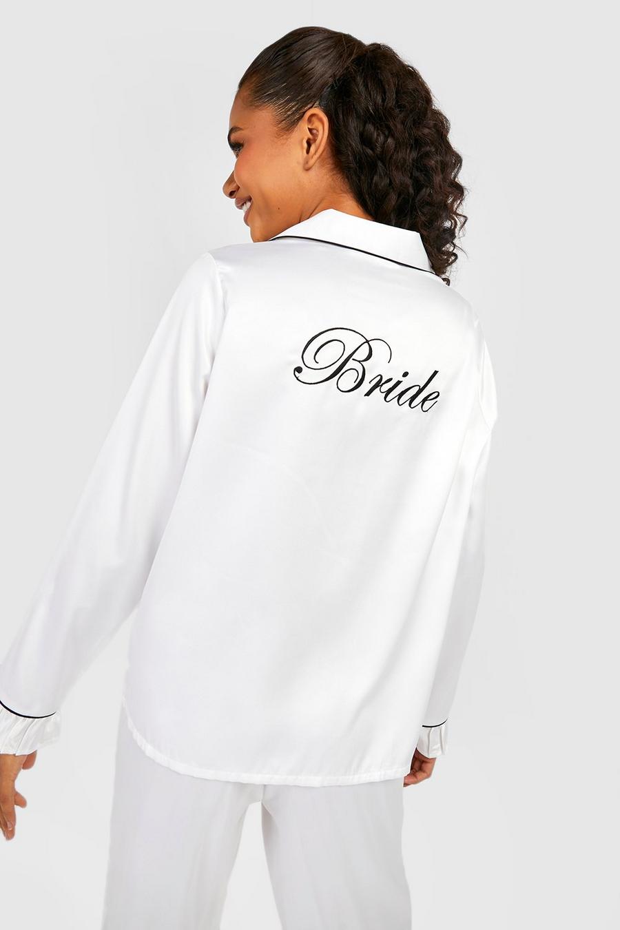 Pijama largo Premium con volante y bordado Bride, White image number 1