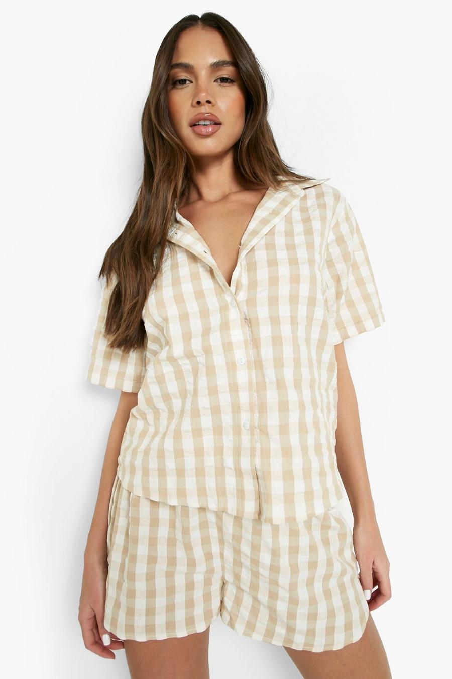 Camel beige Mixa & Matcha Rutig pyjamasskjorta i bäckebölja