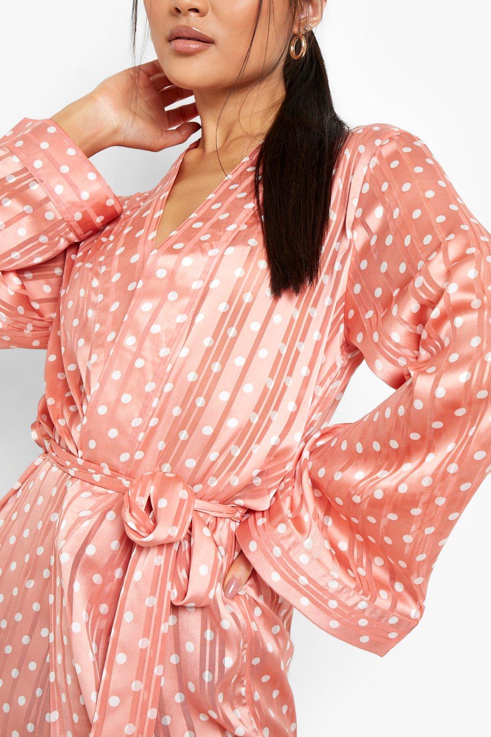 Boohoo Spot & Sheer Stripe Satin Robe in Camel robe dresses and bathrobes Womens Clothing Nightwear and sleepwear Robes Pink 