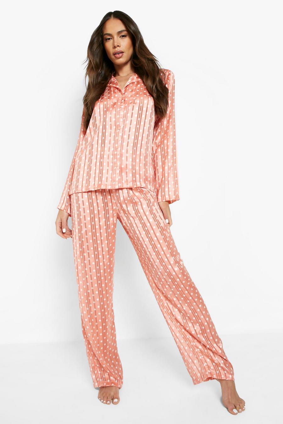 Gepunktetes Satin Pyjama-Set mit Streifen, Camel beige