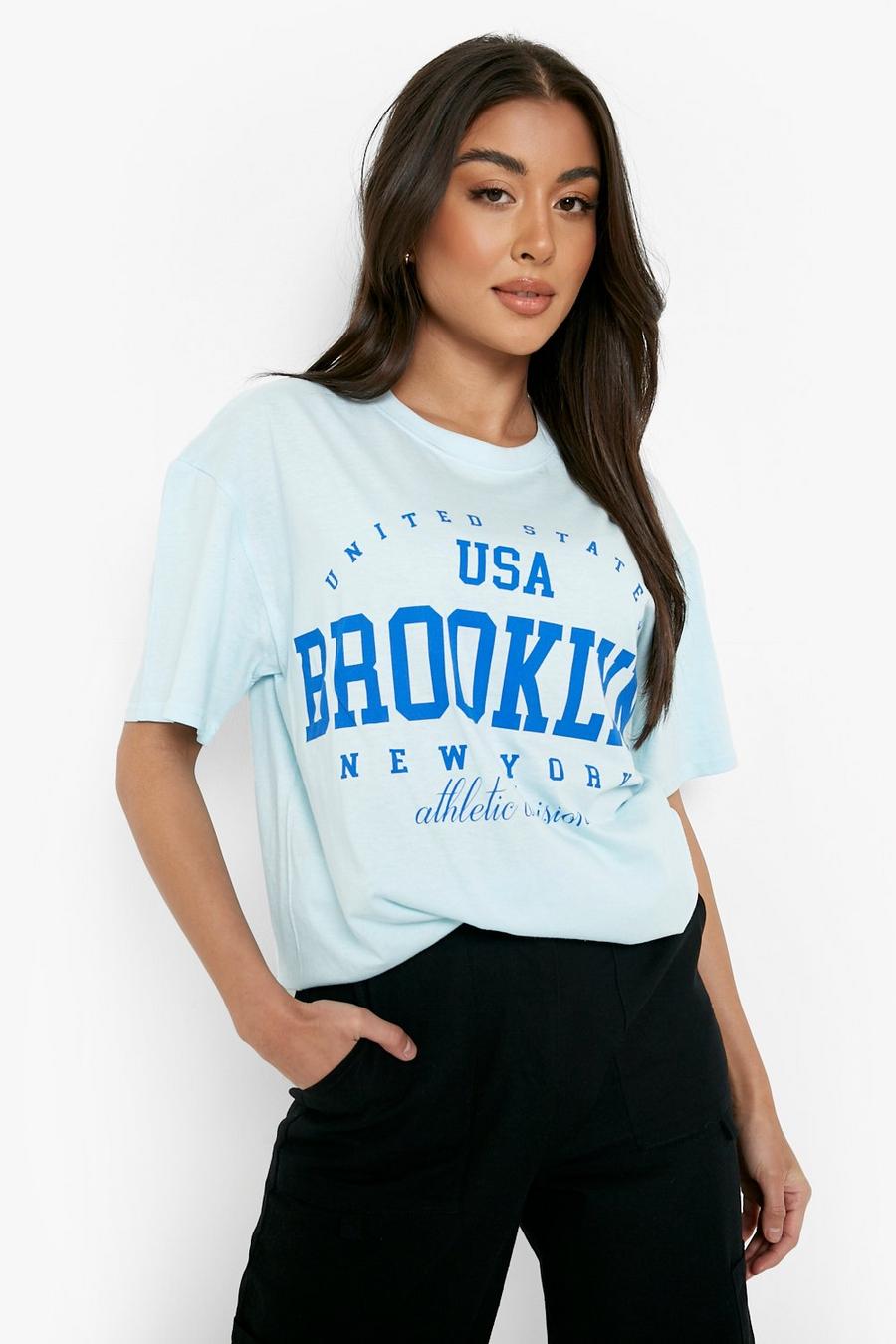 Light blue Brooklyn Slogan Printed Oversized T-shirt  image number 1