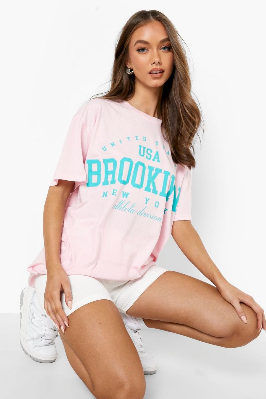 Camiseta oversize con estampado de Brooklyn, Light pink rosa