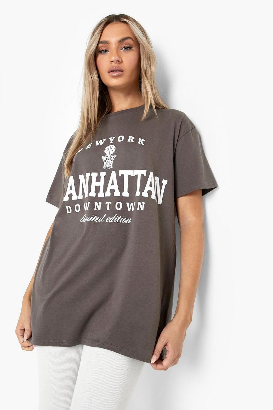 Charcoal Manhattan Slogan Printed Oversized T-shirt image number 1