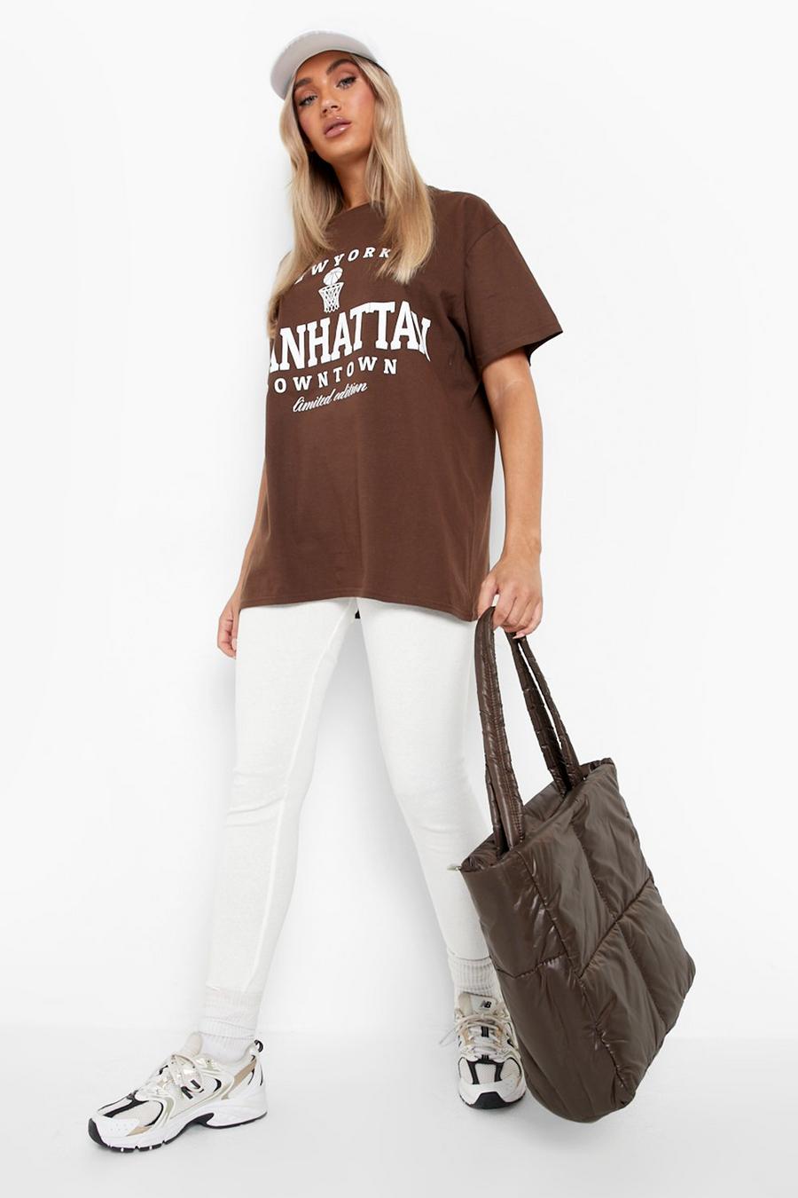 Chocolate Manhattan Slogan Printed Oversized T-shirt image number 1