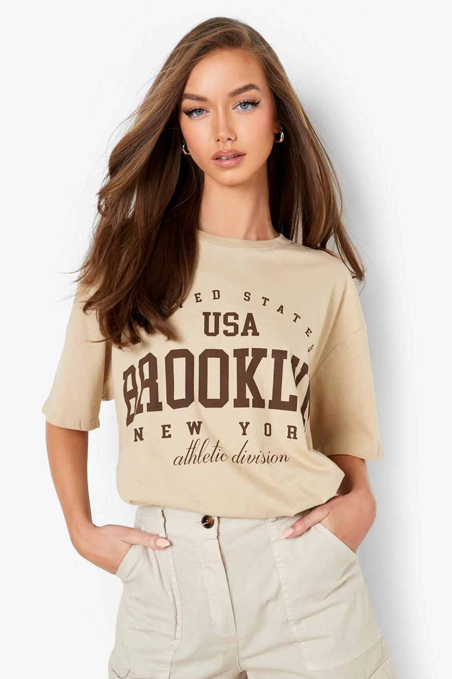 Sand beige Brooklyn Slogan Printed Oversized T-shirt 