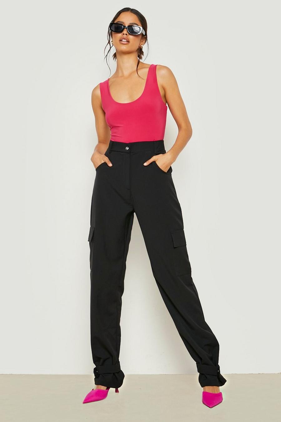 Black Ankle Strap Pocket Front Woven Trousers image number 1