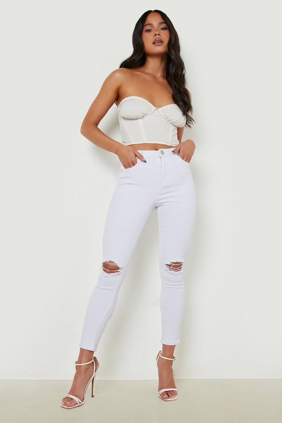 לבן white סקיני ג'ינס מבד ממוחזר עם קרעים, פטיט