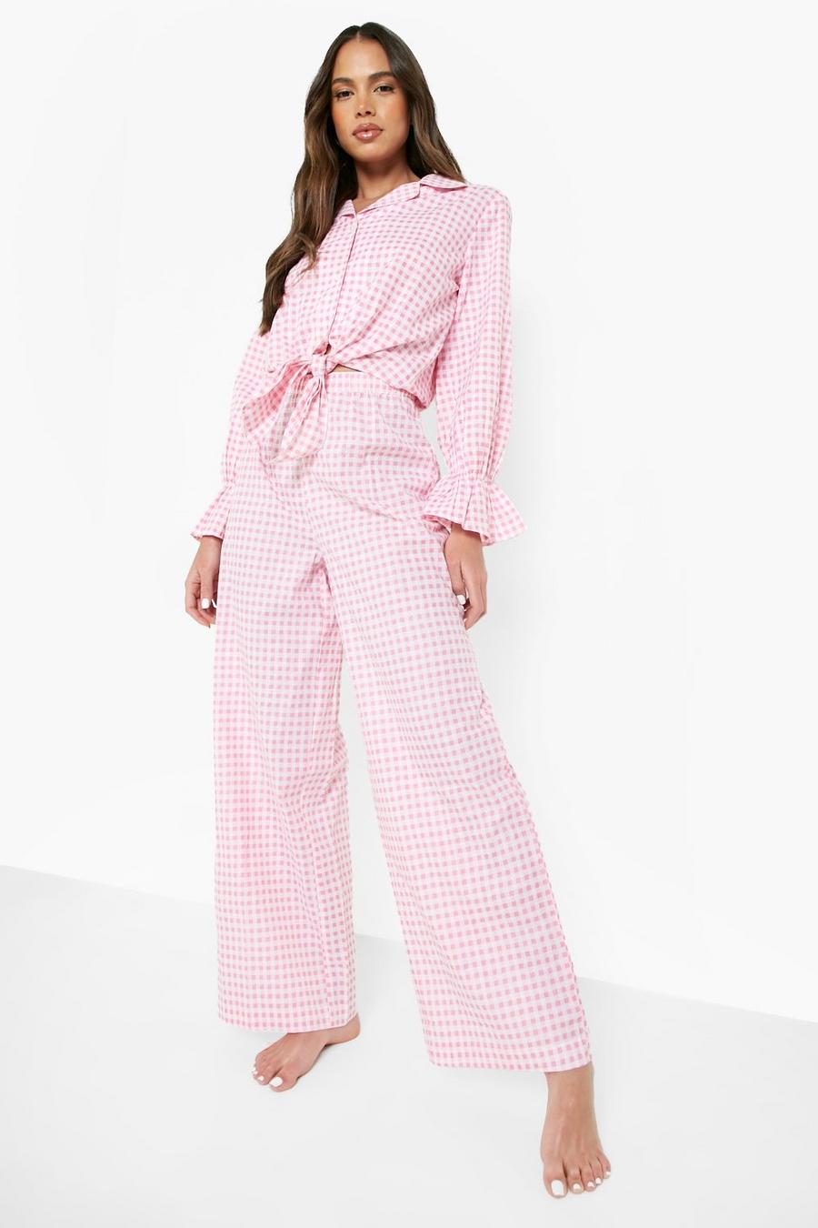 Pink Cotton Check Tie Shirt & Trouser Set 