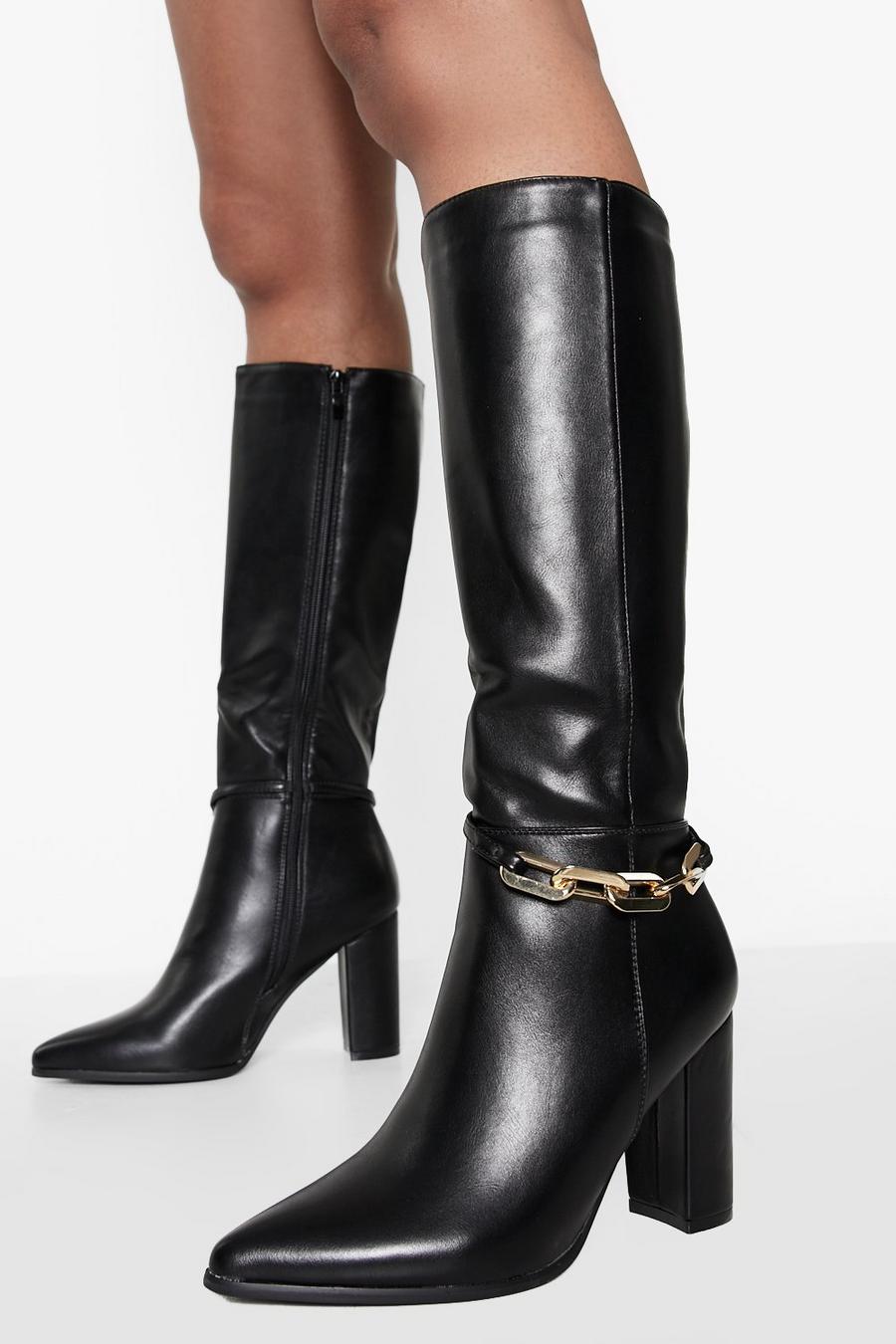 Black Chain Detail Heeled Knee High Boots