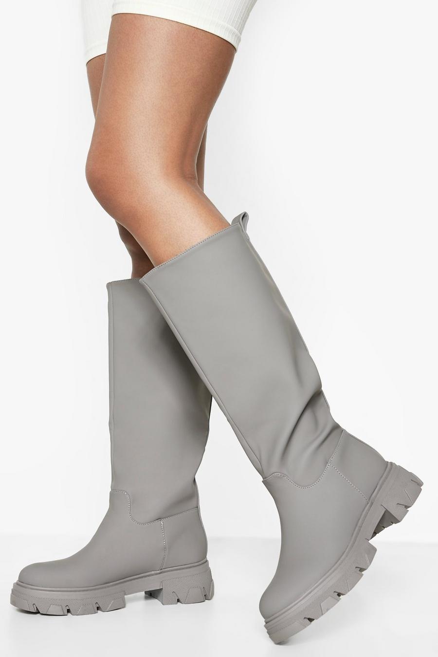 Grey Knee High Chunky Sole Rubber Boots