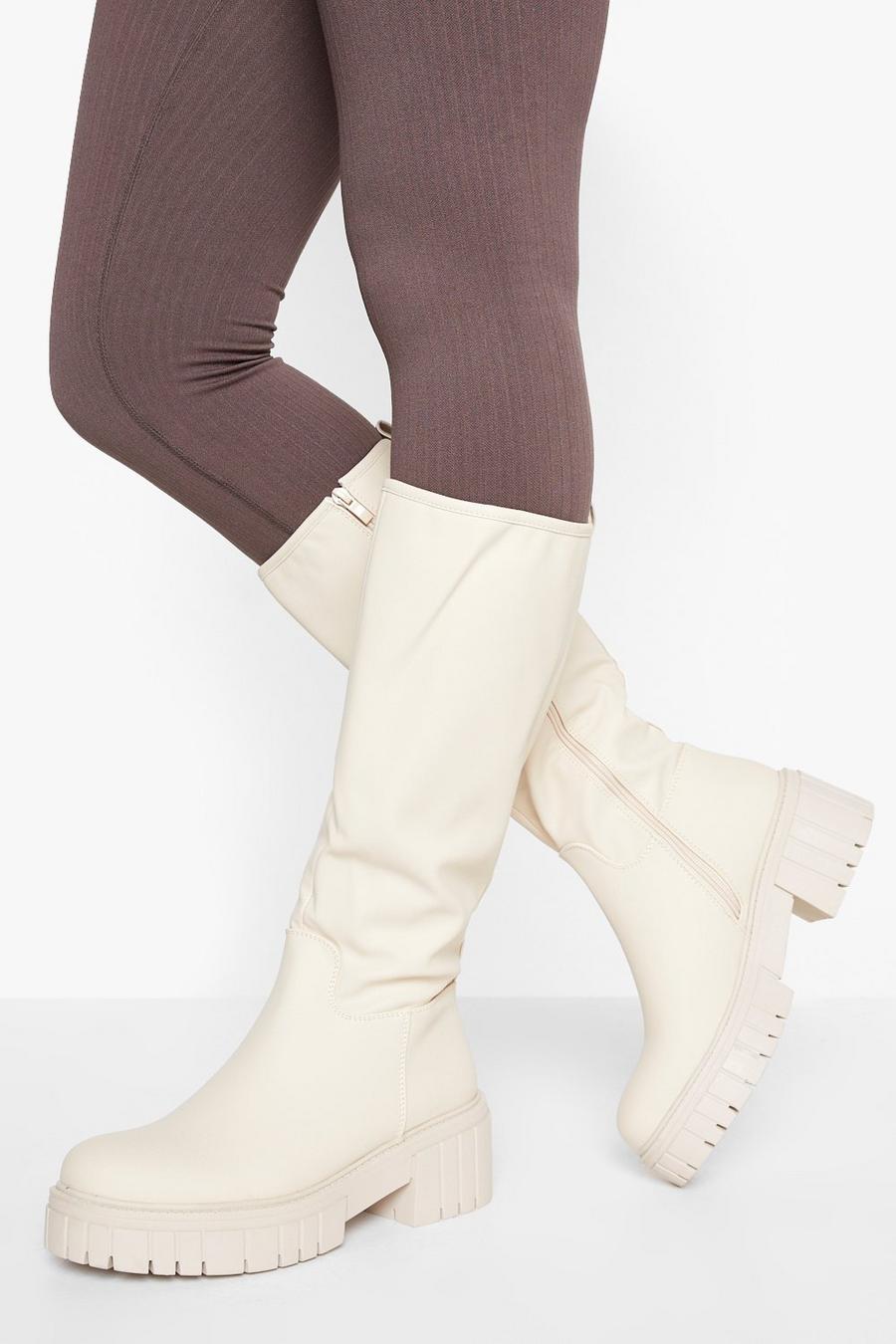 Cream Knee High Chunky Sole Boots image number 1