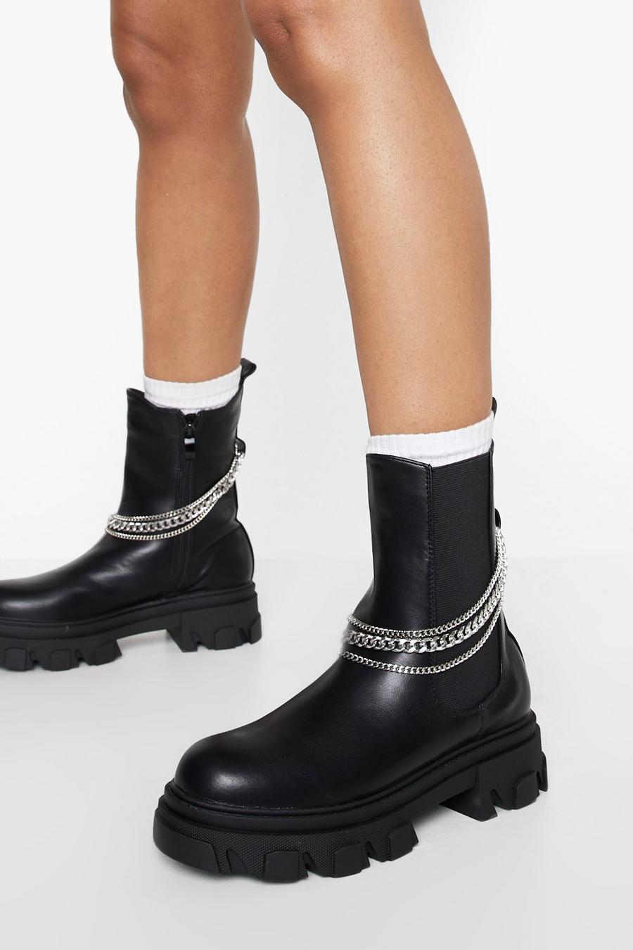 Black Chunky Chain Detail Chelsea Boots image number 1