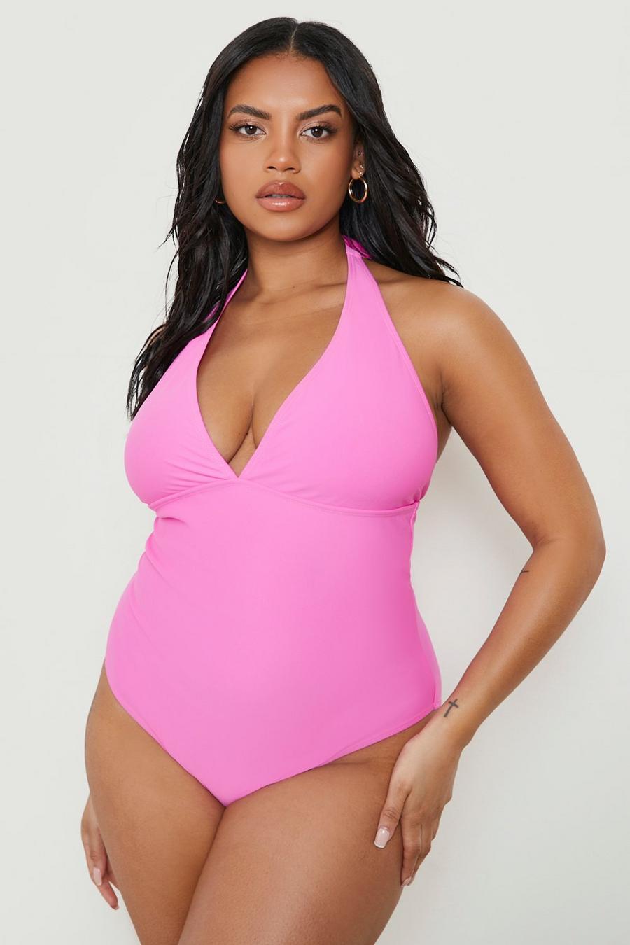 Plus Neon Kontroll-Badeanzug mit tiefem Ausschnitt, Neon-pink