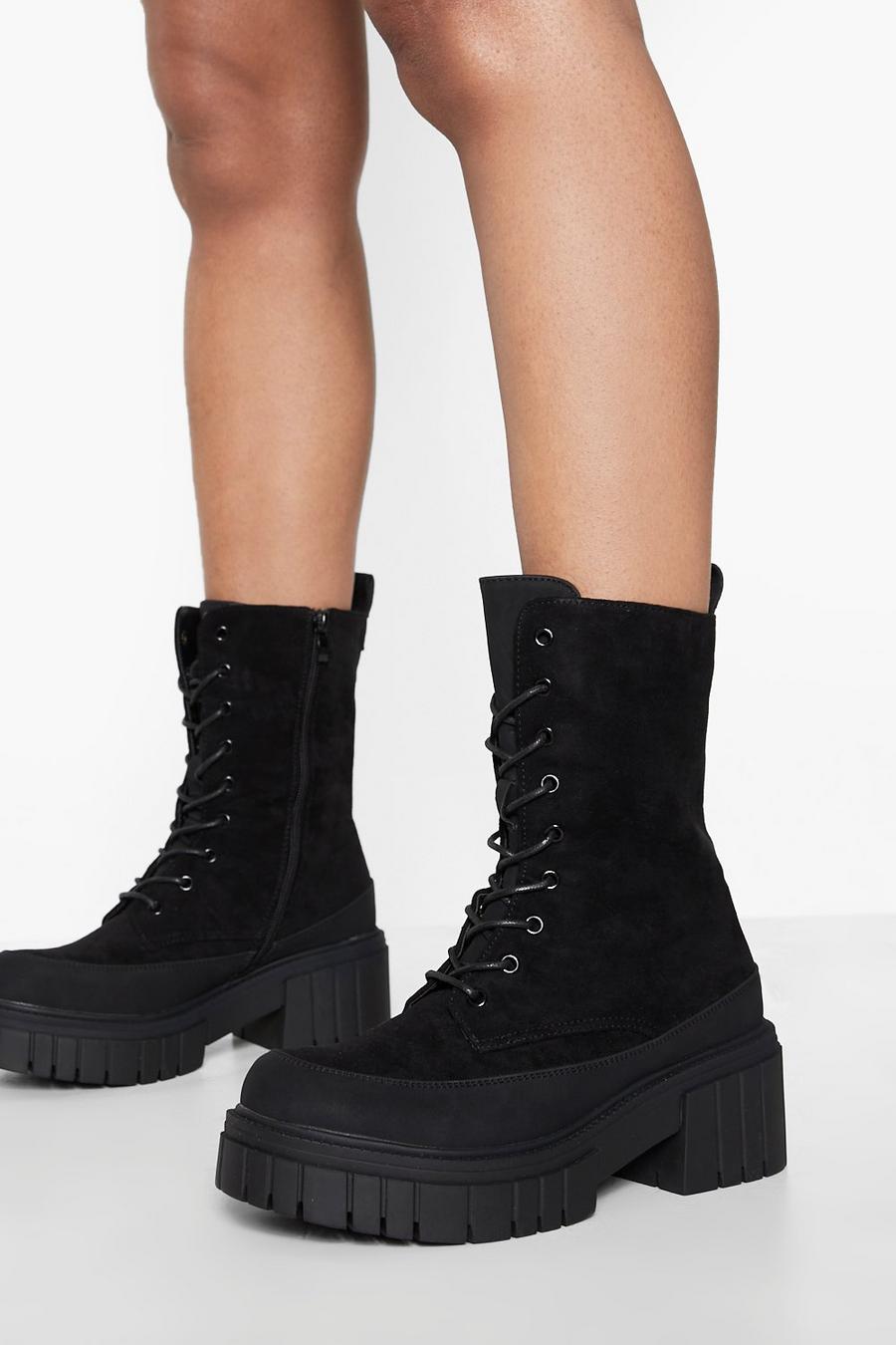 Black Chunky Sole Heeled Combat Boots image number 1
